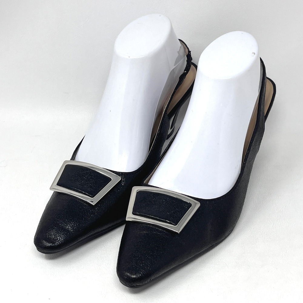 Whittall & Shon Womens Black Slingback Silver Heel Buckle 10 Luxury Money Office